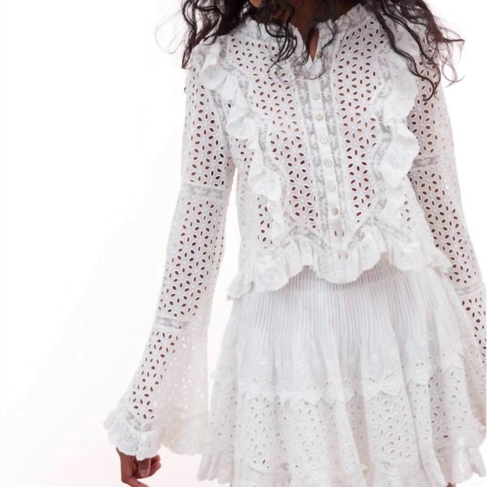 LoveShackFancy White Eyelet Ruffle Long-Sleeve Blouse